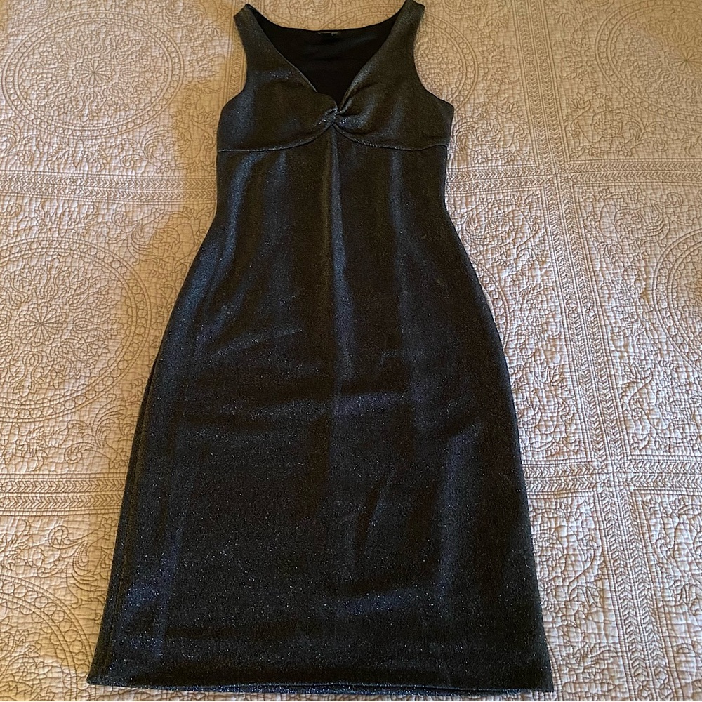 Vintage silver metallic body con front twist midi dress